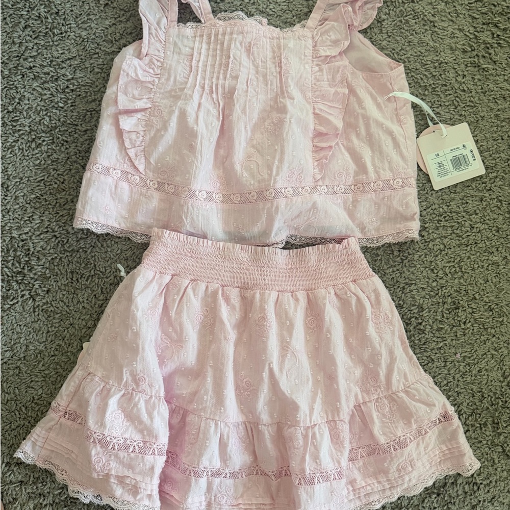LoveShackFancy Girls Pink Eyelet Ruffle Top & Skirt Set